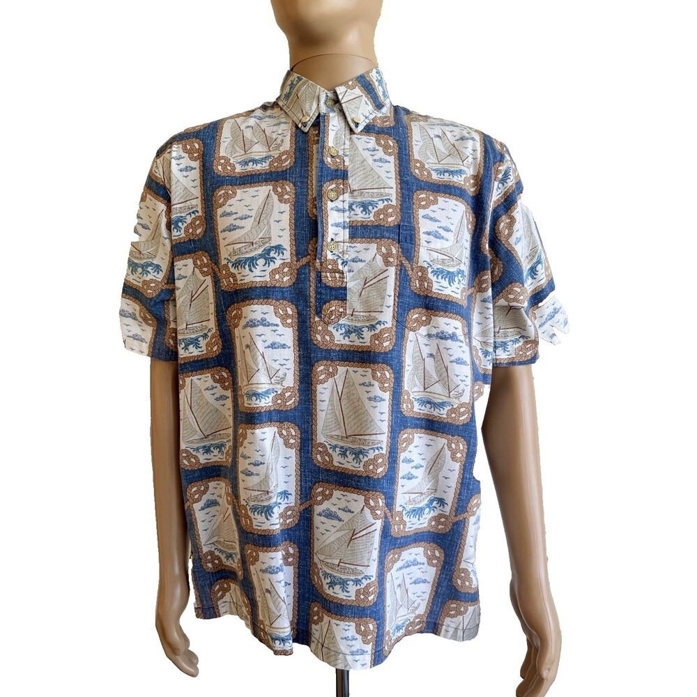REYN SPOONER Dietrich Varez VTG  Hawaiian Aloha Shirt Sailboat Print Mens Size L